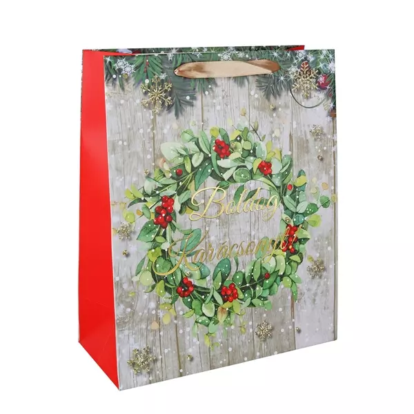 Karácsonyi koszorú mintás ajándéktasak, feliratos - 18 x 23 cm