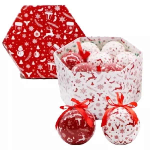 Karácsonyfa díszek dobozban, 14 db-os csomag - Piros és fehér, mintás