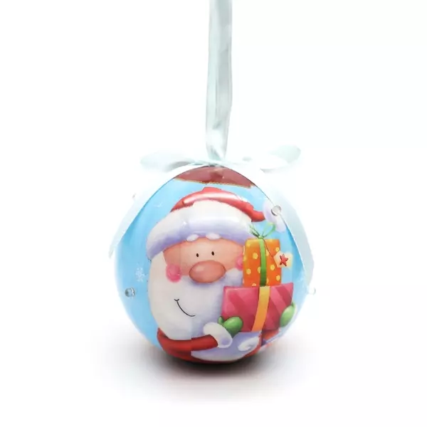 Karácsonyfa dísz, gömb alakú, LED-es - Mikulás ajándékkal