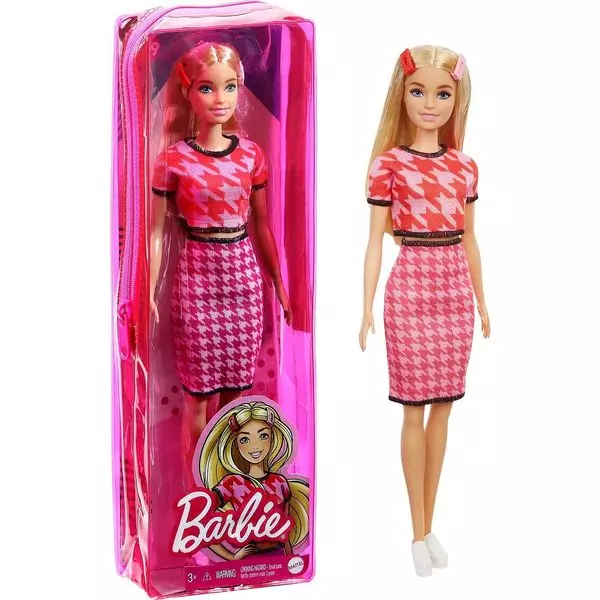 Barbie Fashionistas: Szőke hajú Barbie tyúklábmintás ruhában, cipzáras tartóban