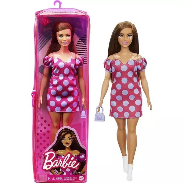 Barbie Fashionistas: Păpușă Barbie molet în rochie cu buline, în suport cu fermoar.