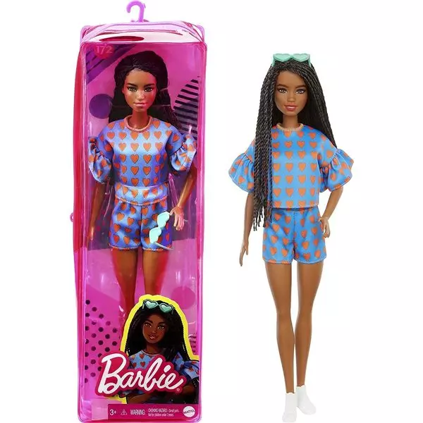 Barbie Fashionistas: Păpușă Barbie mulatru în set cu model inimioare, în suport cu fermoar.
