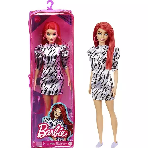 Barbie Fashionistas: Vörös hajú Barbie, csíkos ruhában és cipzáras tartóban