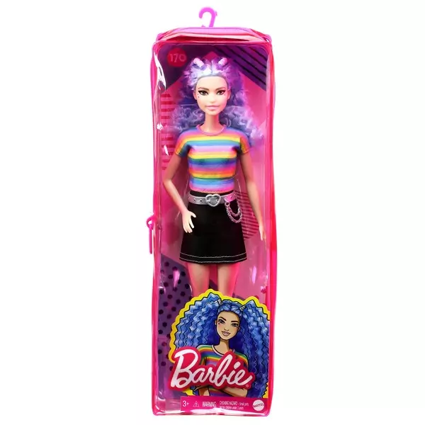 Barbie Fashionistas: Kék hajú Barbie szivárvány csíkos felsőben