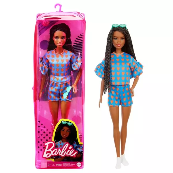 Barbie Fashionistas: Păpușă Barbie cu păr împletit și rochie cu model inimioară