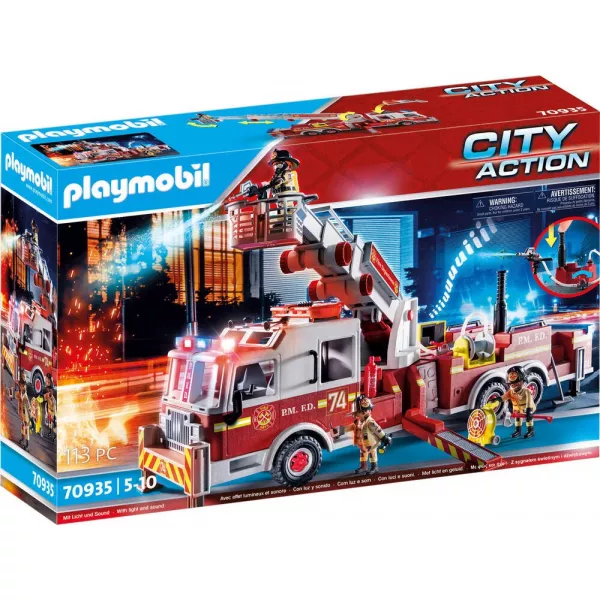 Playmobil: Camion de pompieri de tip american cu scară și coș - 70935