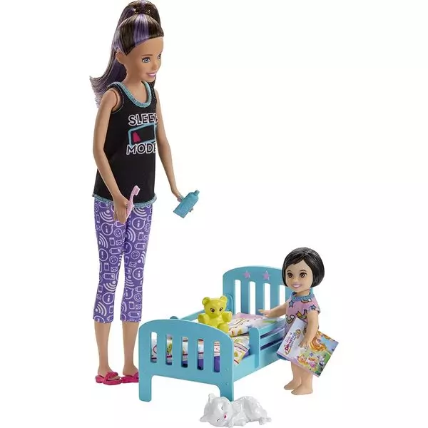 Barbie Skipper: Păpuşă Skipper babysitter cu păr mov-brunet și pătuț