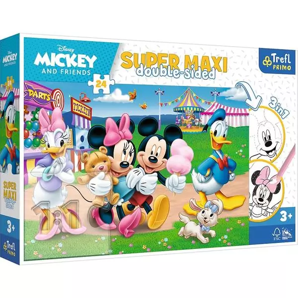 Trefl: Mickey la parcul de distracții - puzzle maxi cu două fețe și de colorat - 24 piese