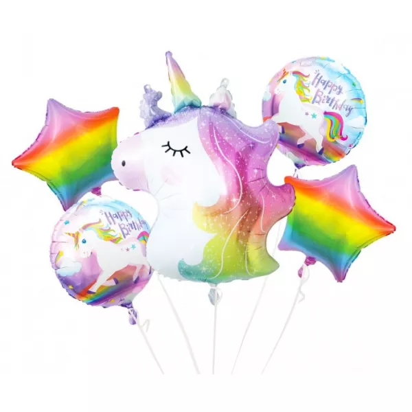 Set de 5 baloane folie cu model unicorn și curcubeu