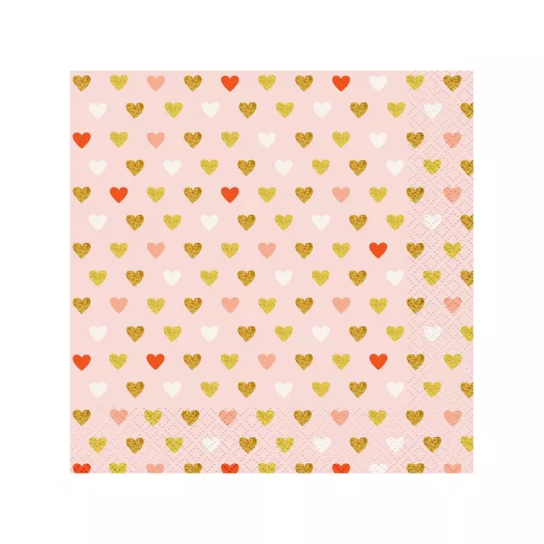 Șervețele roz decorate cu inimioare aurii, 20 buc - 33 x 33 cm
