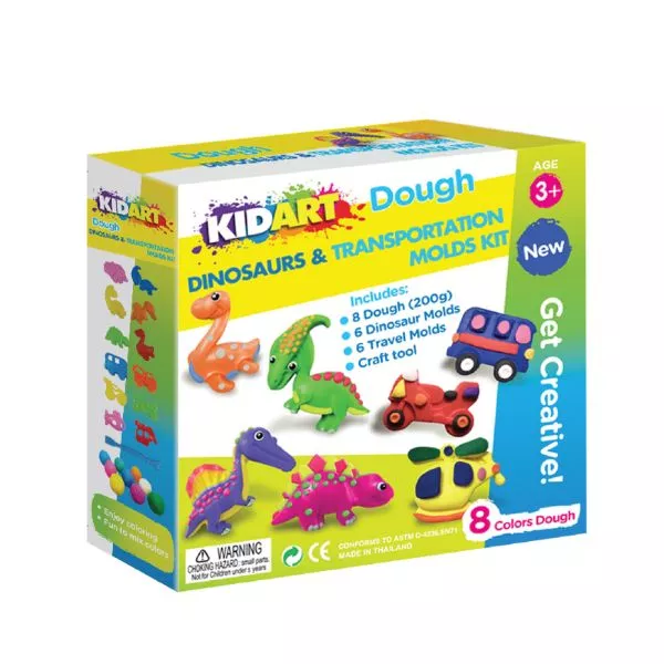 Kid Art: Set de plastilină cu matrițe pentru dinozauri și vehicule - 8 culori