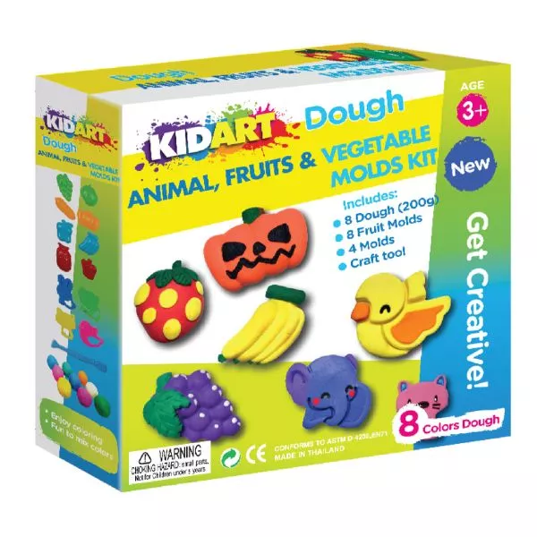 Kid Art: Set de plastilină cu matrițe pentru legume, fructe și animale - 8 culori
