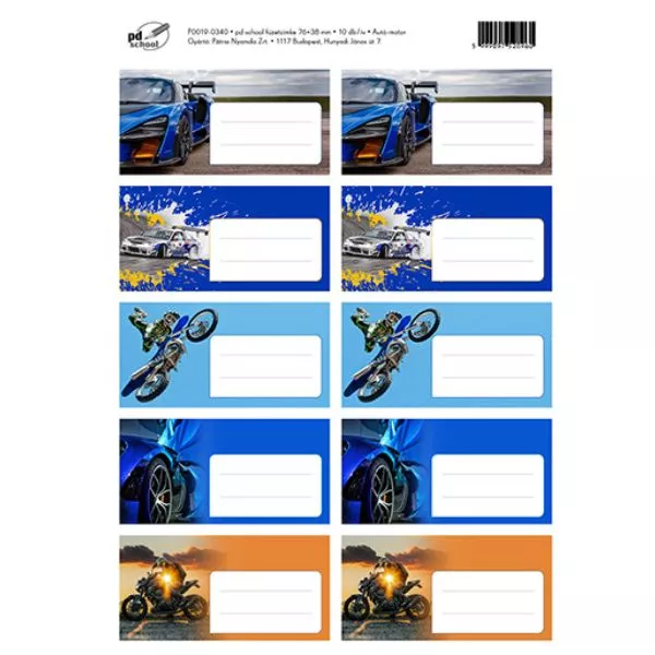 PD School: Set de 10 etichete caiete cu model mașini și motociclete