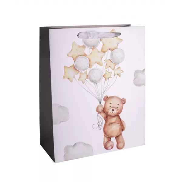 Pungă cadou cu model ursuleț cu buchet de baloane - 26 x 32 cm