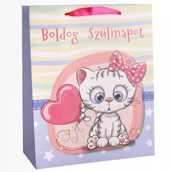 Pungă cadou cu model pisică și inscripție Boldog szülinapot - 26 x 32 cm