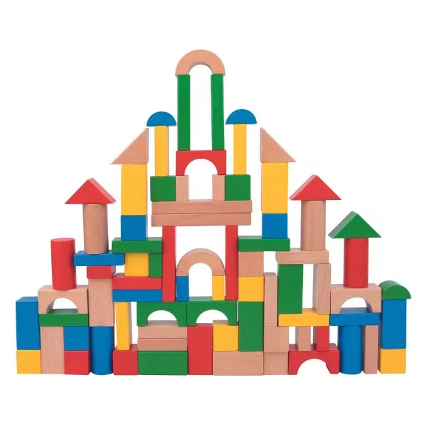 Tooky Toy: Blocos de construção de madeira coloridos em balde - 100 peças