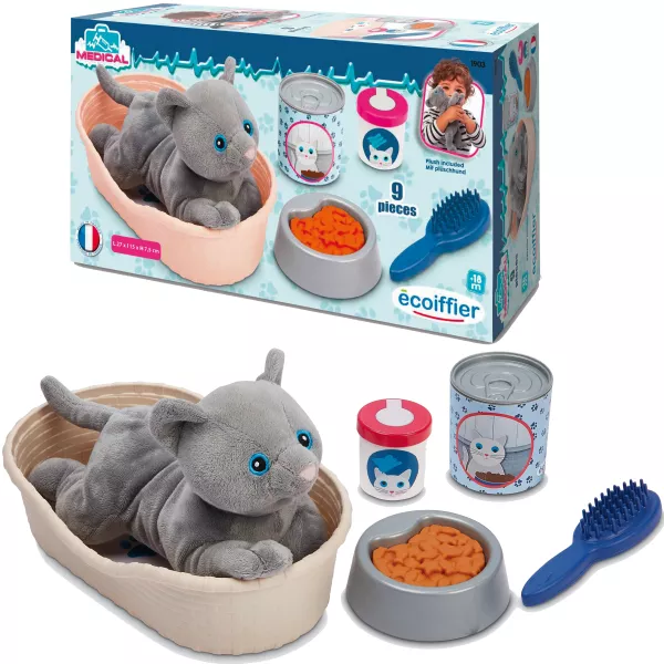 Ecoiffier: Gato de peluche con camita - 9 piezas