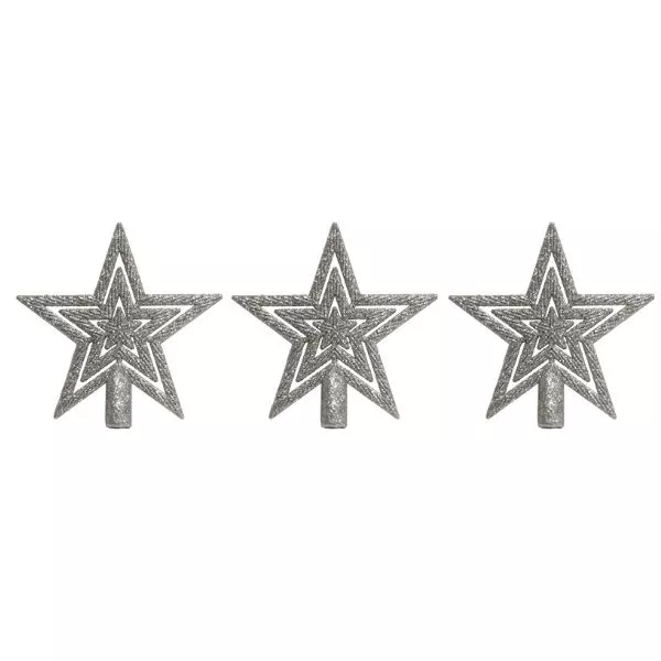 Vârf de brad în formă de stea, argintiu - 3 buc, 10 cm