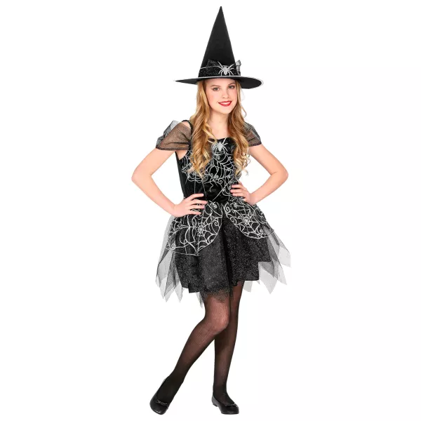 Costum Vrăjitoare cu model pânză de păianjen argintie - 140 cm