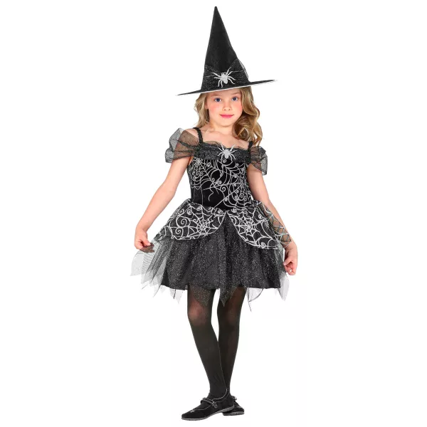 Costum Vrăjitoare cu model pânză de păianjen argintie - 128 cm