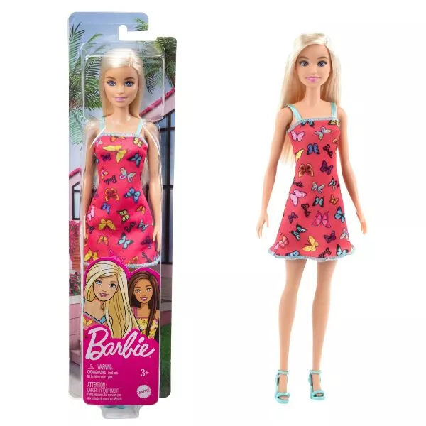 Barbie: Păpușă cu păr blond în rochie roz cu model fluturi