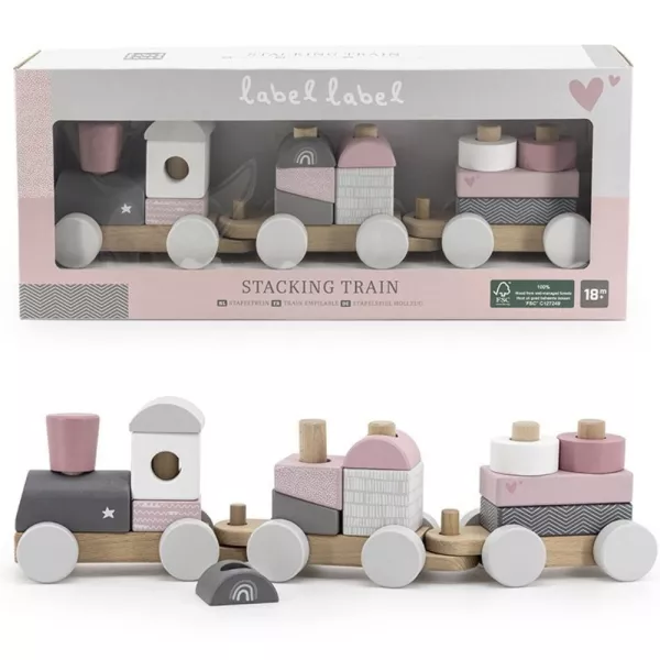 Label-Label: Trenuleţ din lemn cu cuburi de construcție - roz