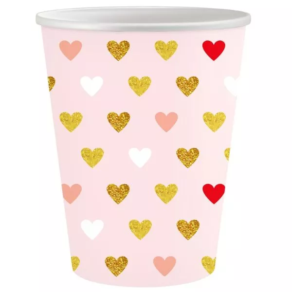 XOXO: Rózsaszín papírpohár szívekkel, 250 ml - 6 db