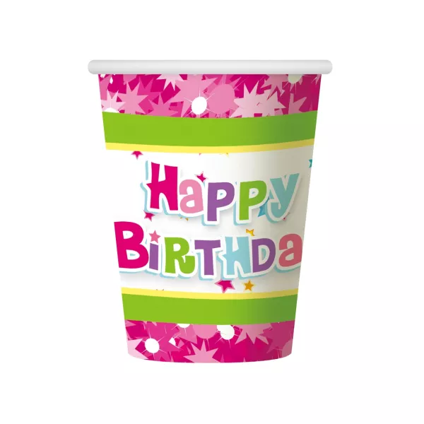 Set de 6 pahare carton cu inscripție Happy Birtday - roz