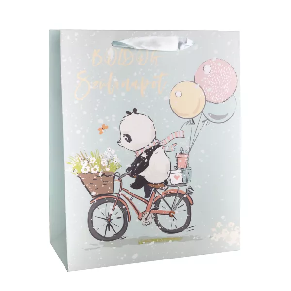 Ursuleț panda pe bicicletă, pungă cadou cu model - 18 x 23 cm