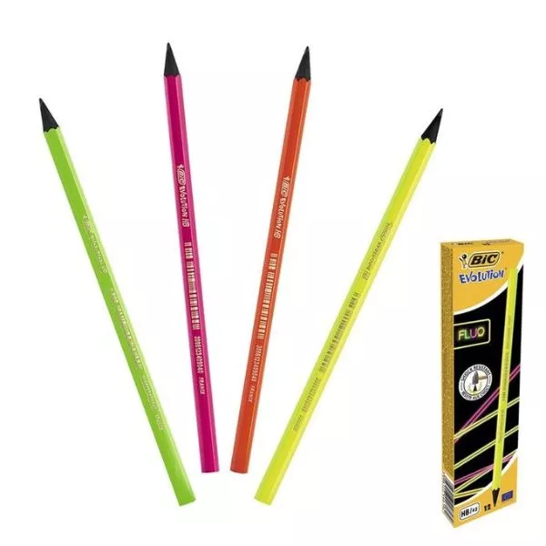 BIC: Evolution Fluo set creioane grafit HB - 12 buc., diferite
