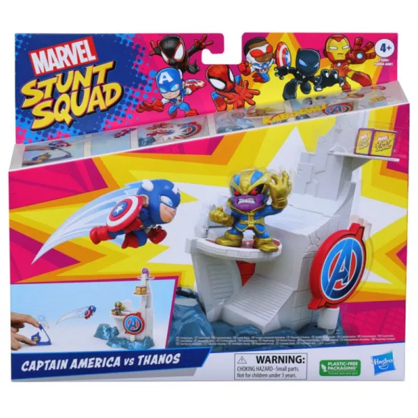 Marvel: Stunt Squad Set de figurine de acțiune lansabile, cu bază – Captain America și Thanos