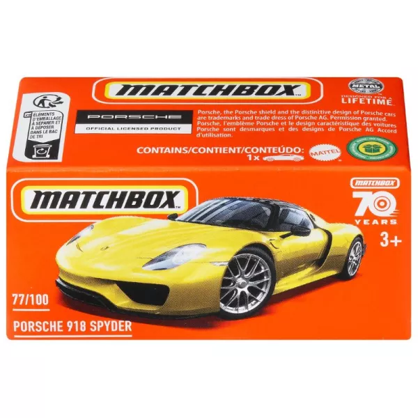 Matchbox: Mașinuță Porsche 918 Spyder în cutie carton