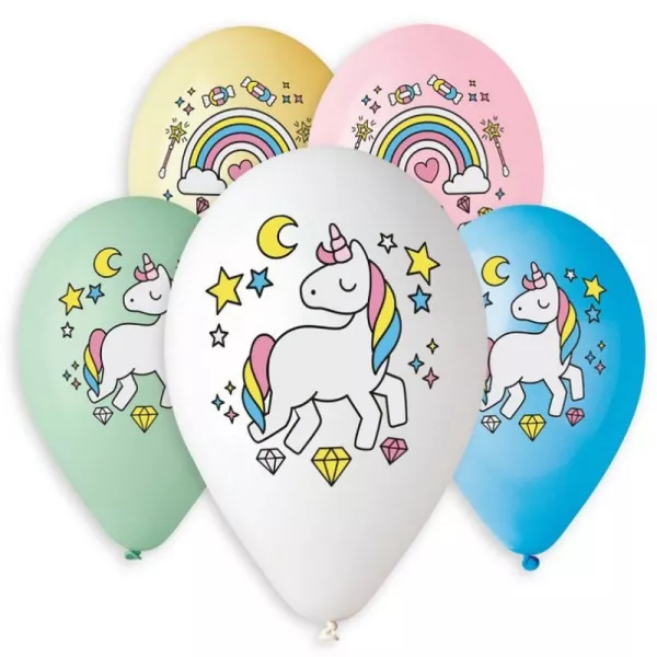 Set de 5 baloane cu model unicorn - 33 cm