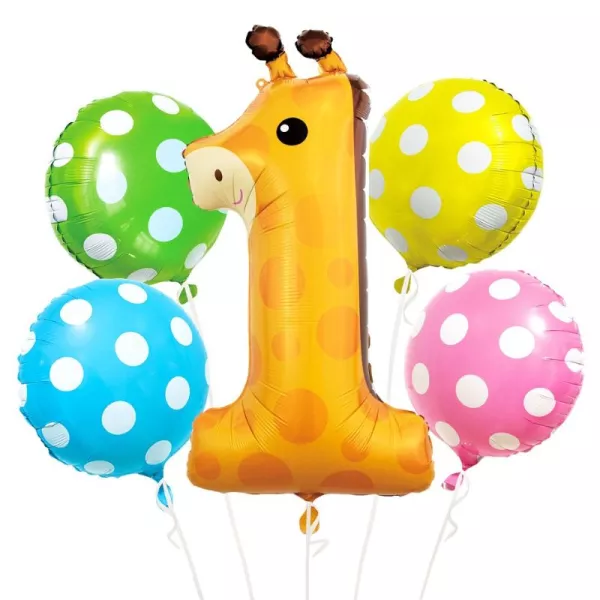 Set de 5 baloane folie cu model girafă, pentru prima aniversare