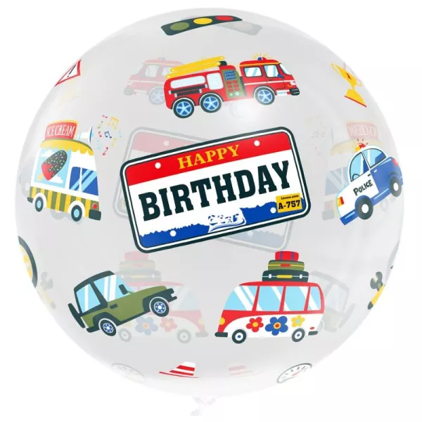 Balon folie transparent cu model mașină și inscripție Happy Birthday - 46 cm