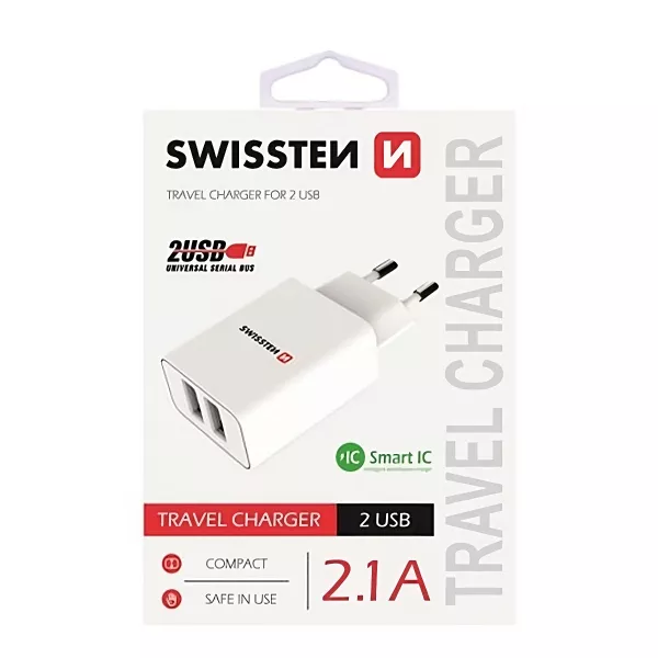Swissten: Hálózati töltő adapter - 2 USB port, 1 A, fehér