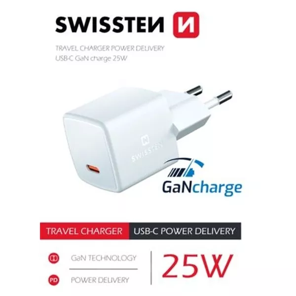 Swissten: GaNcharge mini hálózati töltő adapter - USB-C, 25W
