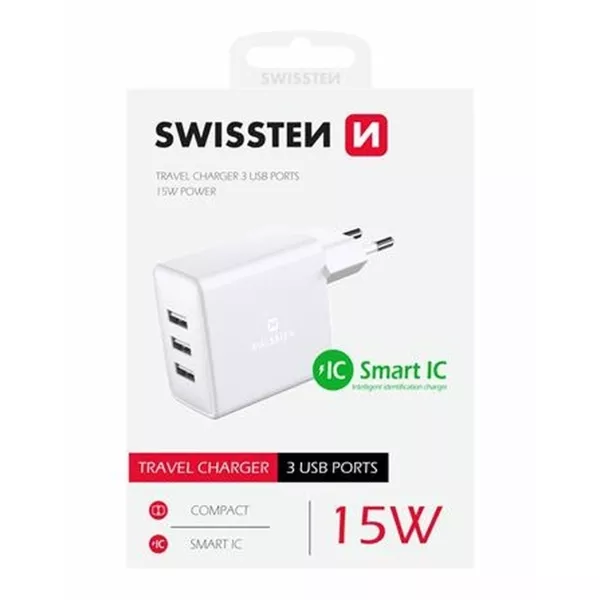 Swissten: Hálózati töltőadapter - 3 USB, 15W, fehér
