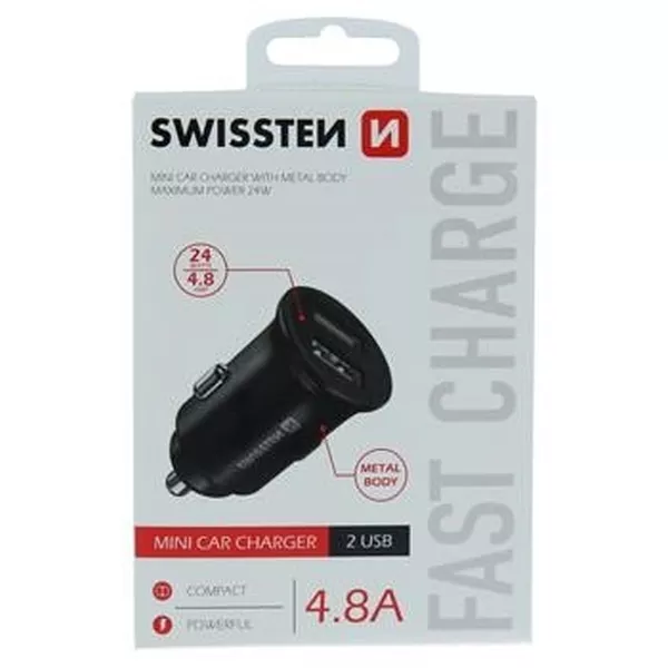 Swissten: Autós töltő - 2 USB csatlakozó, fekete