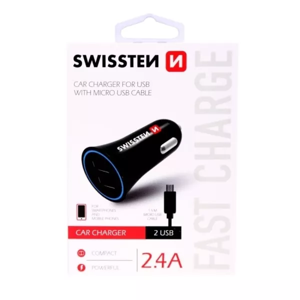 Swissten: Autós töltő - 2 USB csatlakozó, fekete, micro USB kábellel