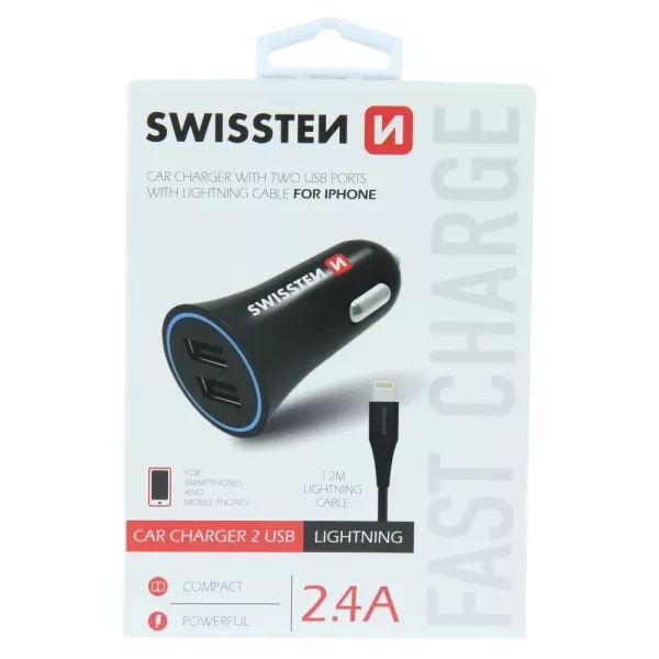 Swissten: Autós töltő - 2 USB csatlakozó, fekete, lightning kábellel