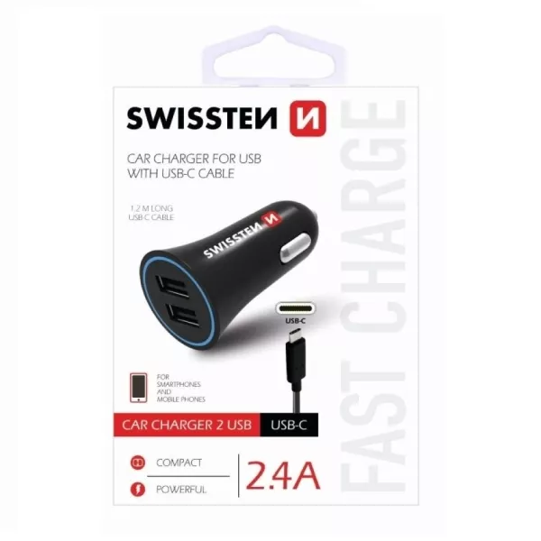 Swissten: Autós töltő - 2 USB csatlakozó, fekete, USB-C kábellel