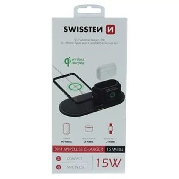 Swissten: Încărcător wireless 3 în 1, negru, 15 W