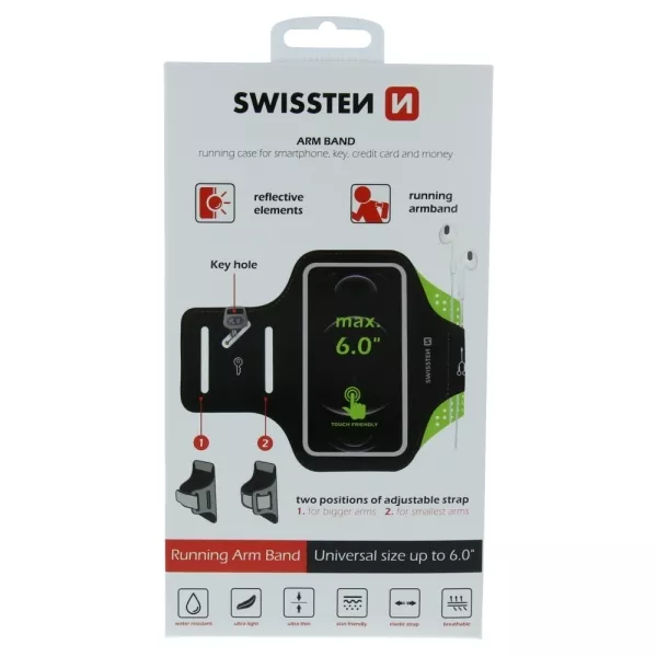 Swissten: Suport de telefon pe braț, negru - până la 6