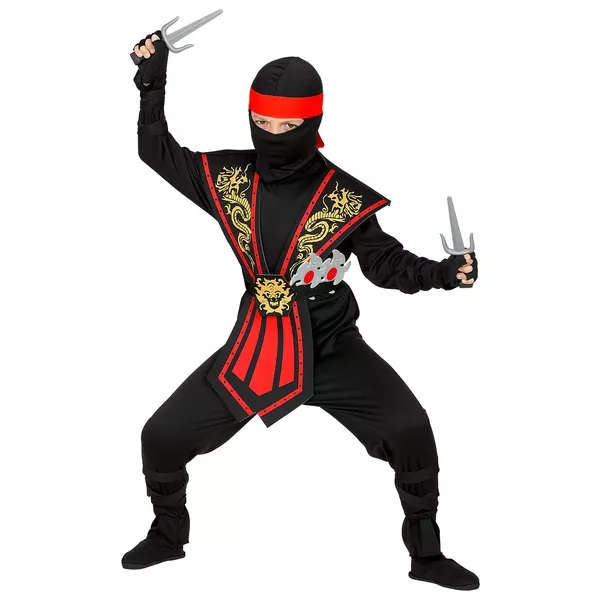 Piros harcos Ninja jelmez fegyverekkel - 158 cm, CSOMAGOLÁSSÉRÜLT