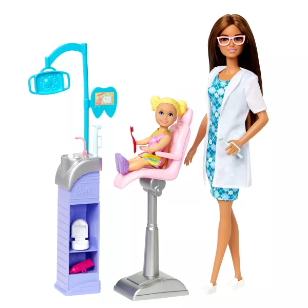 Barbie: Barbie cu păr șaten, set de dentistă