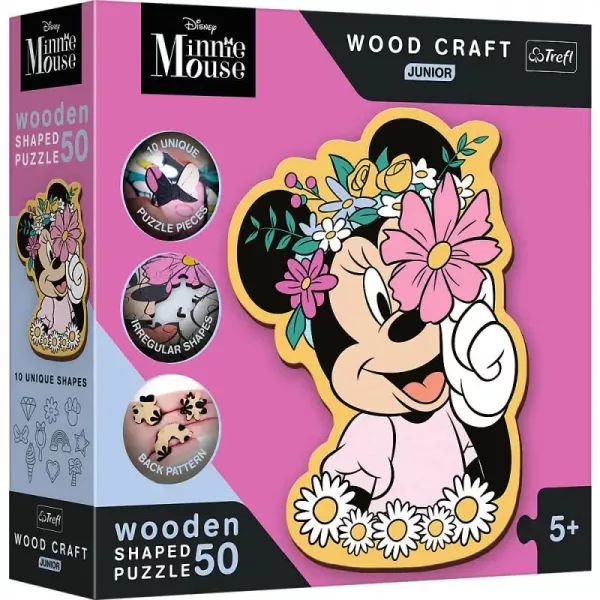 Trefl Puzzle Wood Craft: Disney, Minnie mouse cu flori - 50 piese din lemn