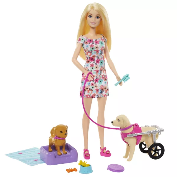 Barbie: Barbie blondă cu cățeluș în scaun cu rotile