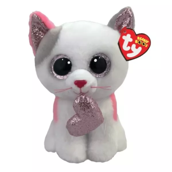 TY Boos: Milena, a fehér cica plüssfigura szívecskével - 15 cm