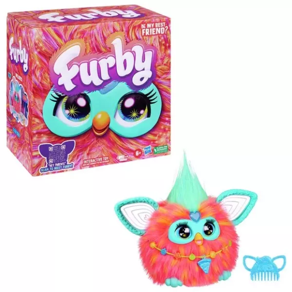 Furby: Interaktív plüssjáték, korall színű, angol nyelvű